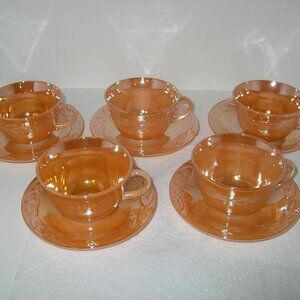 5 ~ Vintage CUPS & SAUCERS Fire King Peach Luster Laurel Leaf Oven Ware USA D